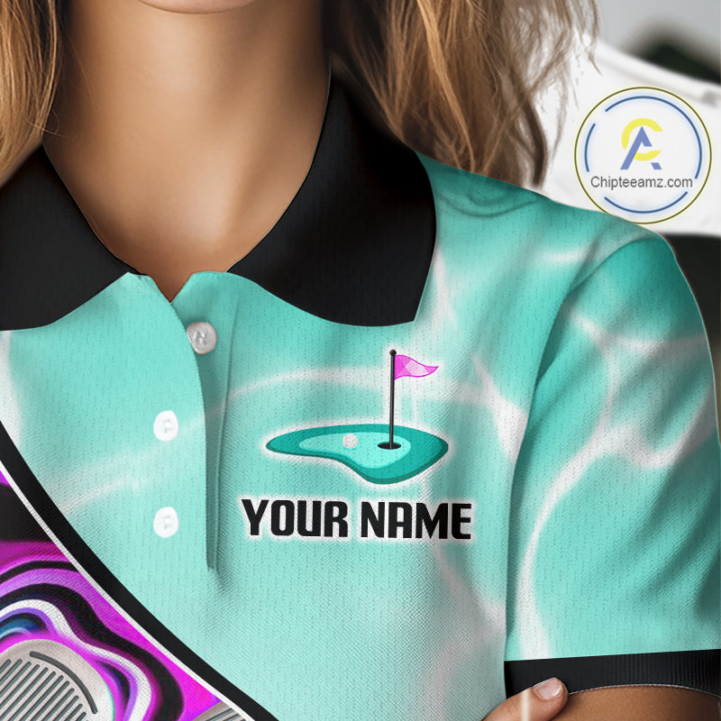 Womens Golf Polo Shirt Holographic Marble Golf Pattern For Team, Golf Attire For Women|Turquoise NBT728