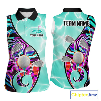 Womens Sleeveless Golf Polo Shirt Holographic Marble Golf Pattern For Team, Golf Attire For Women|Turquoise NBT728