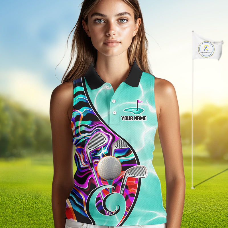 Womens Sleeveless Golf Polo Shirt Holographic Marble Golf Pattern For Team, Golf Attire For Women|Turquoise NBT728