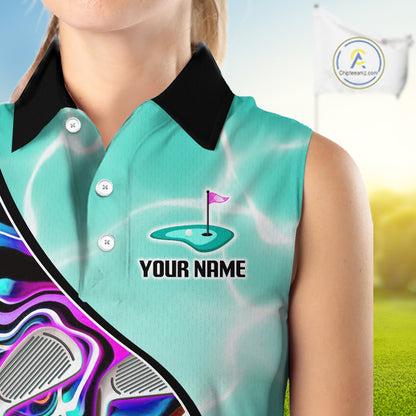 Womens Sleeveless Golf Polo Shirt Holographic Marble Golf Pattern For Team, Golf Attire For Women|Turquoise NBT728
