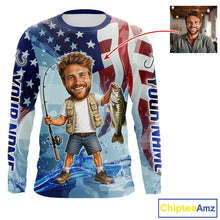 Load image into Gallery viewer, Custom Photo Funny Bass Fishing Shirts Long Sleeve American Flag For Men, Funny Bass Fishing Team|Blue NBT730