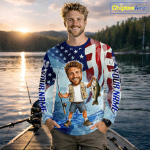 Load image into Gallery viewer, Custom Photo Funny Bass Fishing Shirts Long Sleeve American Flag For Men, Funny Bass Fishing Team|Blue NBT730