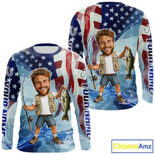 Load image into Gallery viewer, Custom Photo Funny Bass Fishing Shirts Long Sleeve American Flag For Men, Funny Bass Fishing Team|Blue NBT730