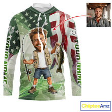 Load image into Gallery viewer, Custom Photo Funny Bass Long Sleeve Hooded Fishing Shirts American Flag For Men, Funny Bass Fishing Team|Green NBT731