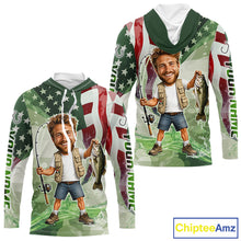 Load image into Gallery viewer, Custom Photo Funny Bass Long Sleeve Hooded Fishing Shirts American Flag For Men, Funny Bass Fishing Team|Green NBT731