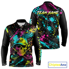 Load image into Gallery viewer, Golf Skull Graffiti Mens Golf Polo Shirt front and back view - streetwear skull graffiti design, breathable polyester fabric, long sleeve Polo tailored fit, custom team shirt