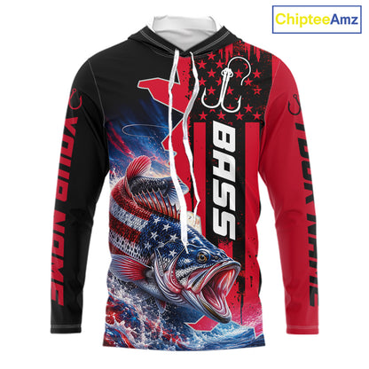 Front view of custom American flag bass long sleeve hooded fishing shirt with patriotic red camo