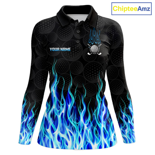 Golf Balls Blue Flame Pattern Womens Golf Polo Shirts Custom Name Golf Clothes For Women Golfing NBT830