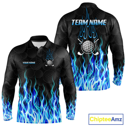 Mens long sleeve golf polo shirt blue flame pattern - front and back view, custom name available