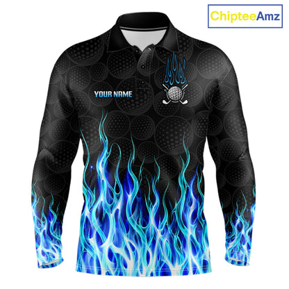Mens long sleeve golf polo shirt blue flame pattern - front view, custom name available