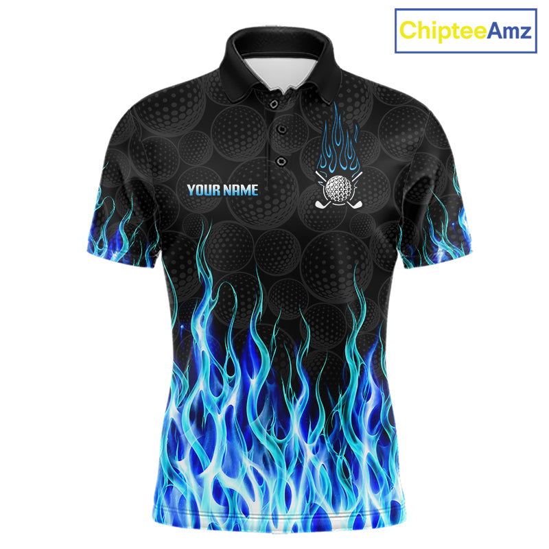 Mens golf polo shirt blue flame pattern - front view, custom name available