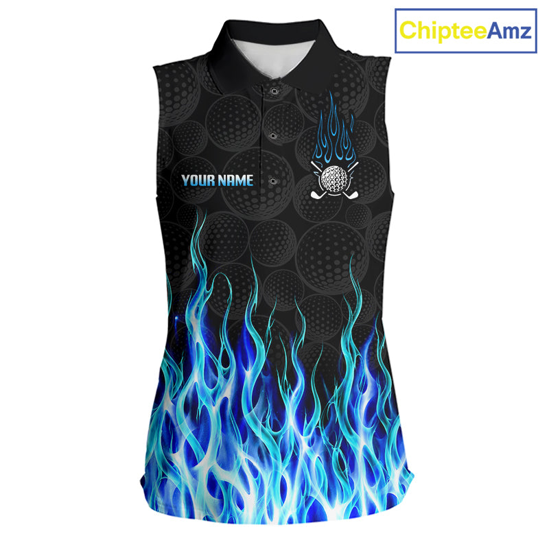 Womens sleeveless golf polo shirt turquoise flame pattern - front view, custom name available
