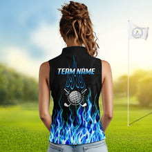 Load image into Gallery viewer, Model wearing sleeveless golf polo shirt blue flame pattern, breathable cotton fabric on golf course