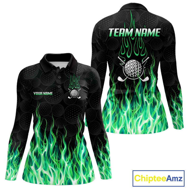 Womens long sleeve golf polo shirt front and back view, custom team name, tailored fit for perfect golf swing