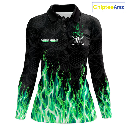 Womens long sleeve golf polo shirt turquoise flame pattern - front view, custom name available