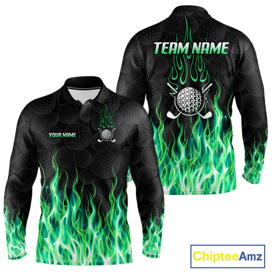 Mens golf polo shirt green flame pattern - front and back view, custom name available