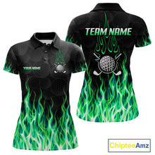 Load image into Gallery viewer, Womens golf polo shirt front and back view, custom team name, tailored fit for perfect golf swing