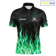 Load image into Gallery viewer, Mens golf polo shirt green flame pattern - front view, custom name available