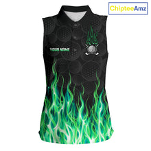 Load image into Gallery viewer, Womens sleeveless golf polo shirt green flame pattern - front view, custom name available