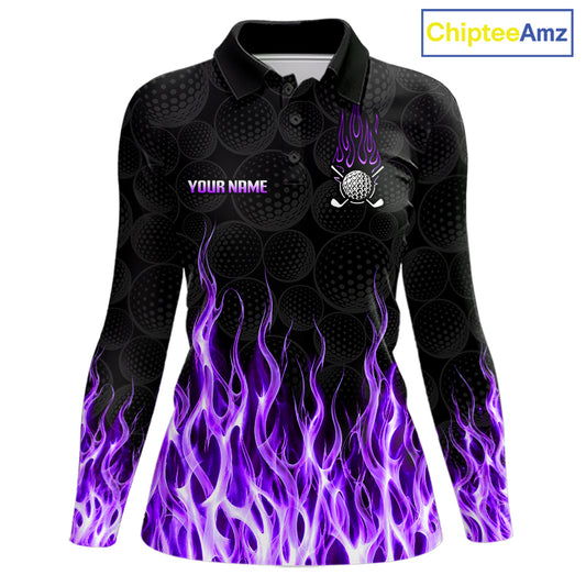 Womens long sleeve golf polo shirt purple flame pattern - front view, custom name available