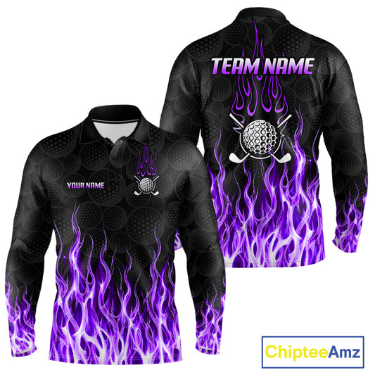 Mens long sleeve golf polo shirt purple flame pattern - front and back view, custom name available