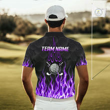 Load image into Gallery viewer, Model wearing golf polo shirt purple flame pattern, breathable cotton fabric on golf course