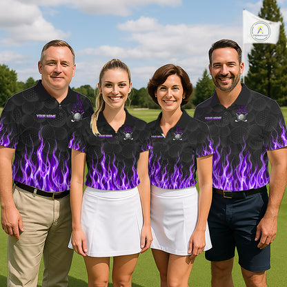 Golf team wearing matching purple flame pattern polo shirts, custom name & team name, tailored fit