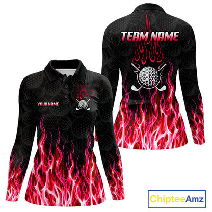 Womens long sleeve golf polo shirt front and back view, custom team name, tailored fit for perfect golf swing