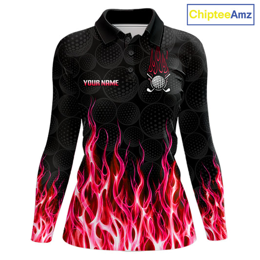 Womens long sleeve golf polo shirt red flame pattern - front view, custom name available