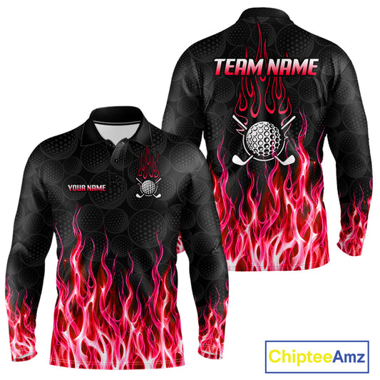Mens long sleeve golf polo shirt red flame pattern - front and back view, custom name available