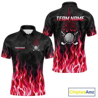 Mens golf polo shirt front and back view, custom team name, tailored fit for perfect golf swing