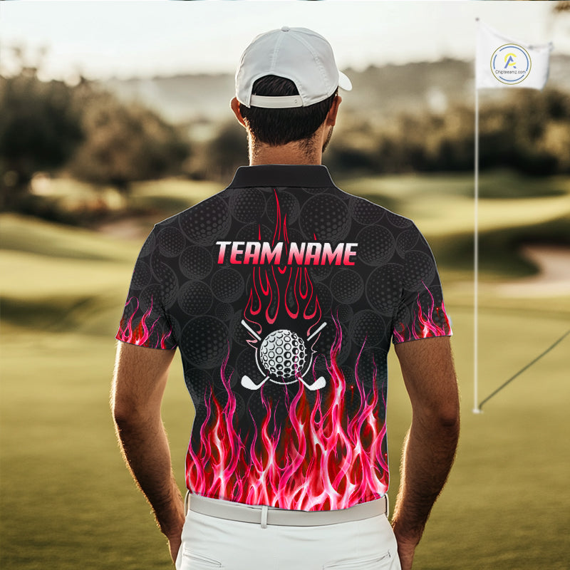 Model wearing golf polo shirt red flame pattern, breathable cotton fabric on golf course