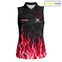 Load image into Gallery viewer, Womens sleeveless golf polo shirt red flame pattern - front view, custom name available