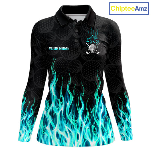 Womens long sleeve golf polo shirt turquoise flame pattern - front view, custom name available