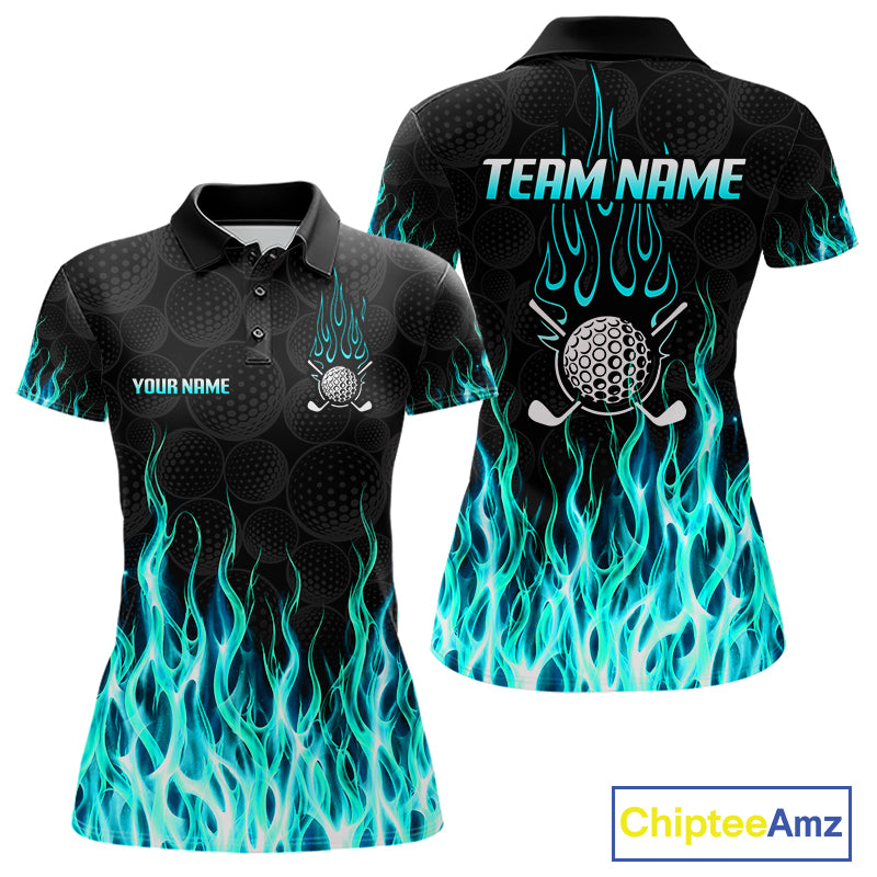 Womens golf polo shirt front and back view, custom team name, tailored fit for perfect golf swing