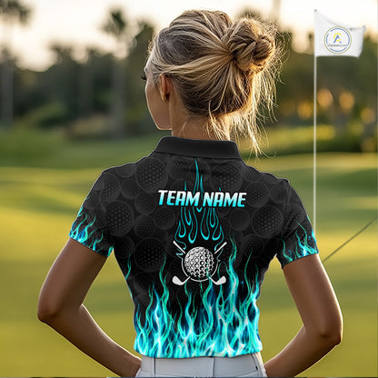Model wearing golf polo shirt turquoise flame pattern, breathable cotton fabric on golf course