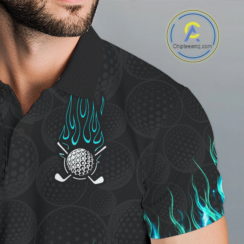 Close-up golf polo shirt turquoise flame fabric: breathable cotton, quick moisture wicking, no wrinkle