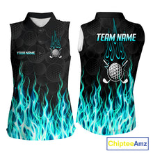 Load image into Gallery viewer, Womens sleeveless golf polo shirt front and back view, custom team name, tailored fit for perfect golf swing