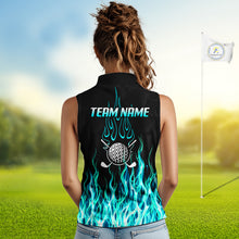 Load image into Gallery viewer, Model wearing sleeveless golf polo shirt turquoise flame pattern, breathable cotton fabric on golf course