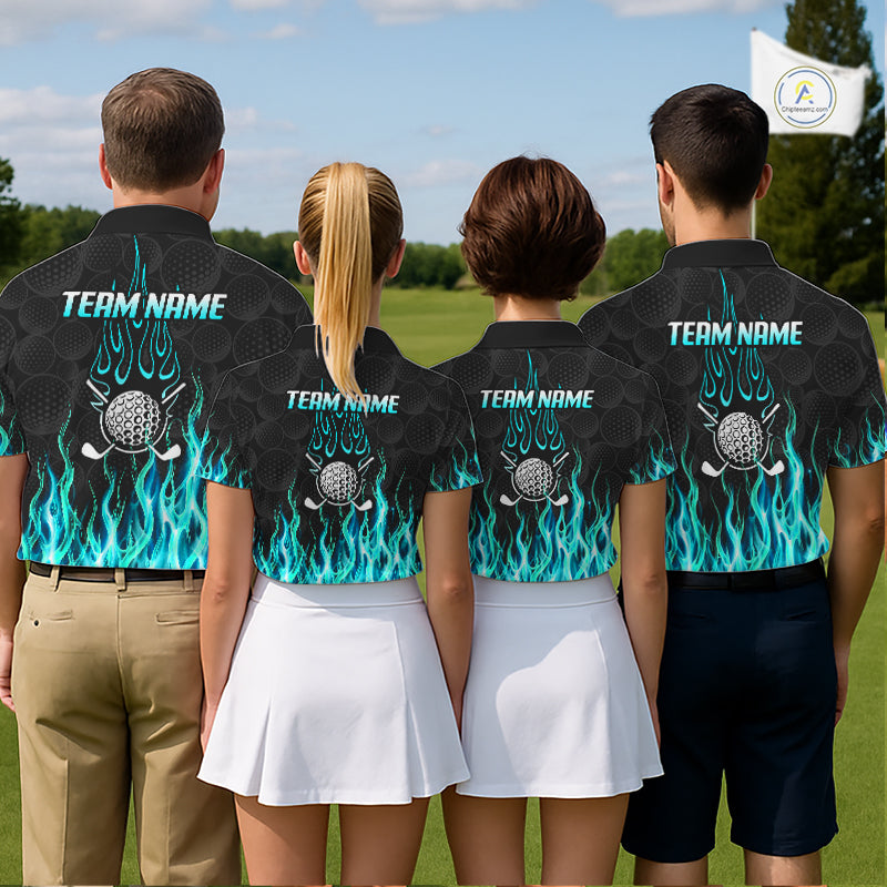 Golf team wearing matching turquoise flame pattern polo shirts, custom name & team name, tailored fit