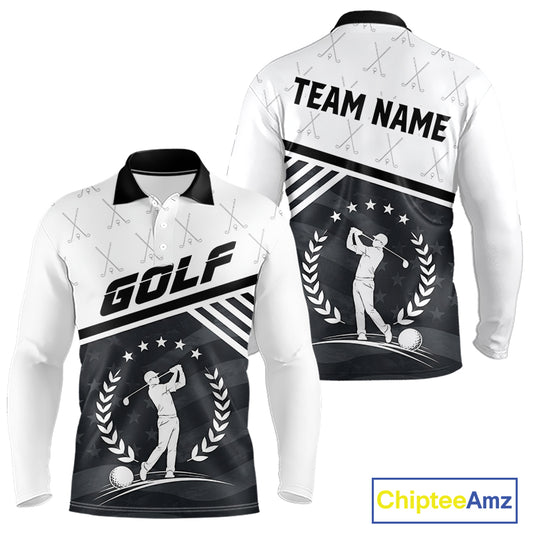 Golf team wearing matching black white golf player pattern polo shirts, custom name & team name, tailored fit
