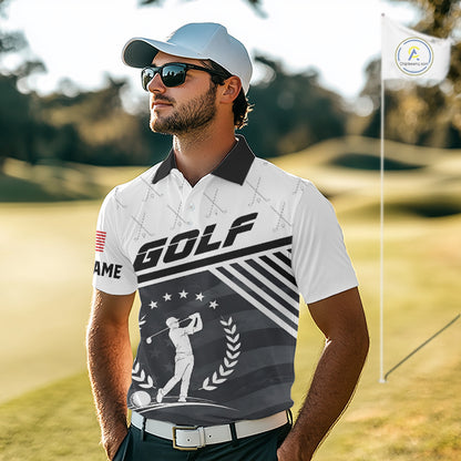 Model wearing golf polo shirt black white golf player pattern, breathable cotton fabric on golf course