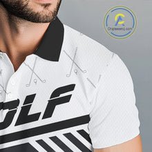 Load image into Gallery viewer, Close-up golf polo shirt black white golf player fabric: breathable cotton, quick moisture wicking, no wrinkle