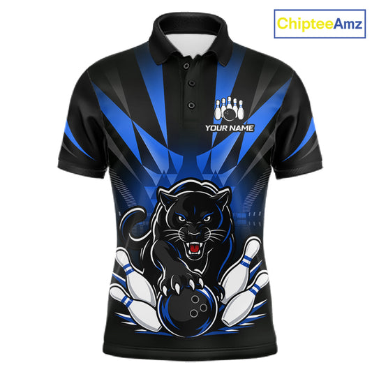 Front view of custom black and blue leopard bowling men’s polo team jersey