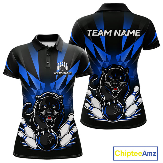 Custom Black And Blue Leopard Bowling Jerseys, Leopard Bowling Team Women Polo & 1/4 Quarter-Zip Shirts NBT914