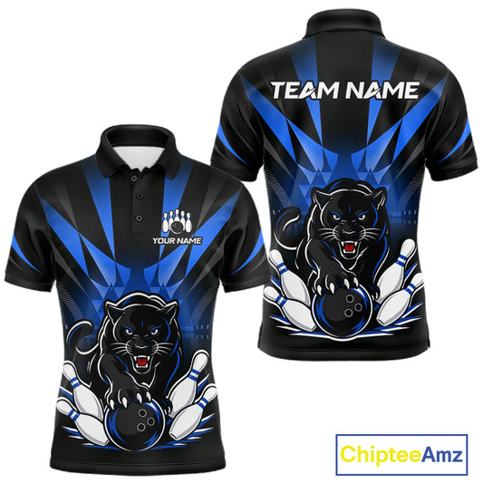 Front and back view of custom black and blue leopard bowling men’s polo team jersey