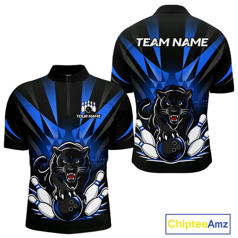 Front and back view of custom black and blue leopard bowling men’s quarter-zip team shirt