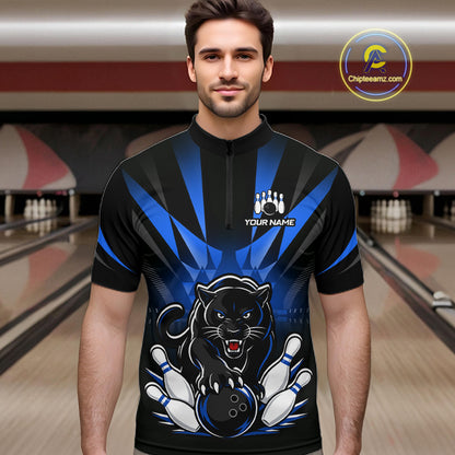 Bowler wearing custom black and blue leopard bowling 1/4 quarter zip team jersey on the lanes