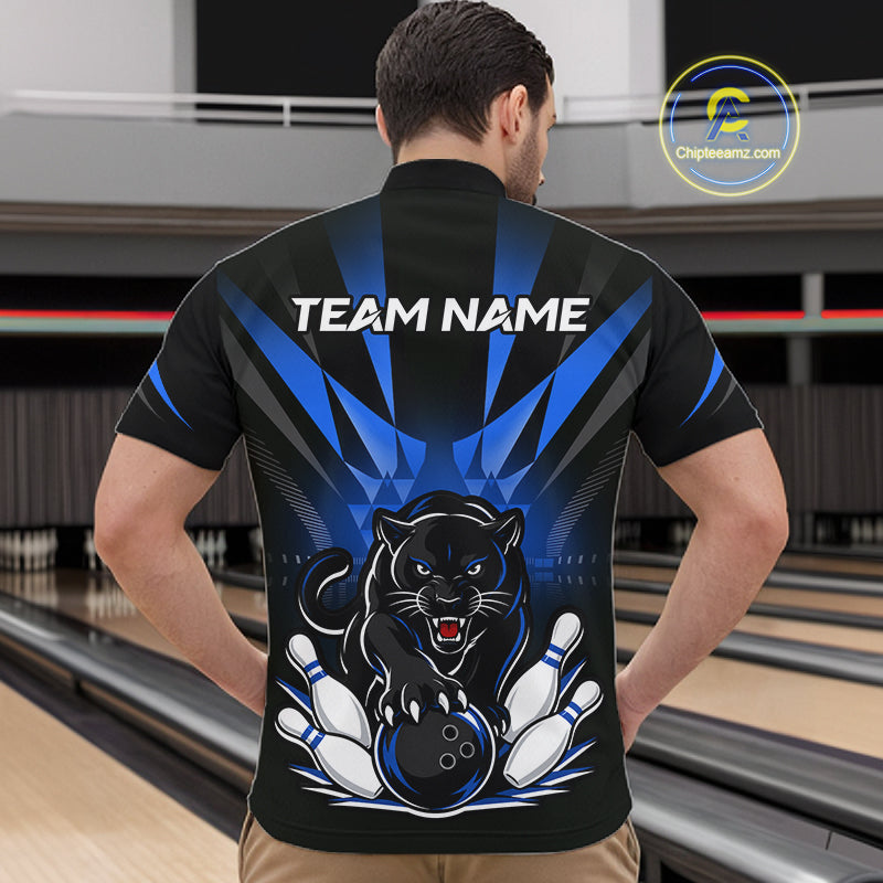Bowler wearing custom black and blue leopard bowling 1/4 quarter zip team jersey on the lanes