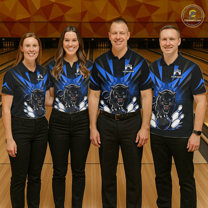 Bowling team wearing matching custom black and blue leopard bowling jerseys with personalized names